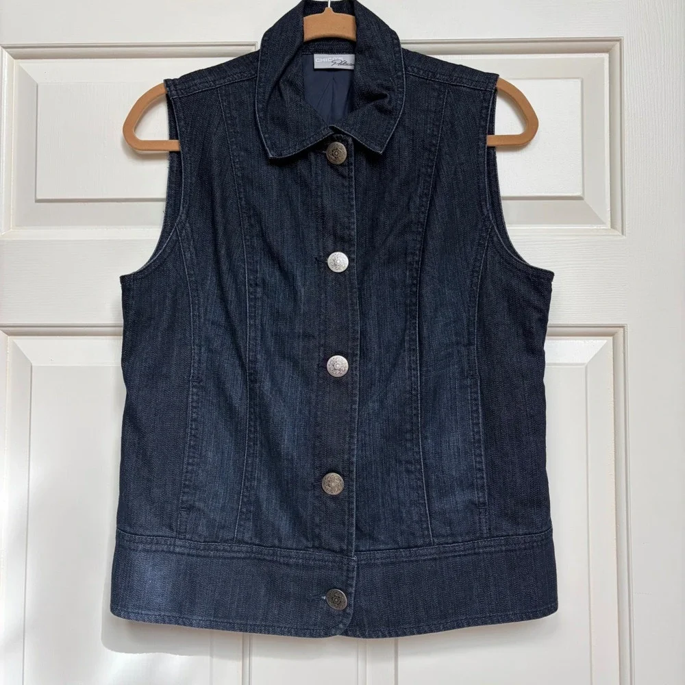 Chicos Platinum Rhinestone Corvello Vest‎ Dark Wash Denim 1 M Festival Statement - Picture 5 of 10